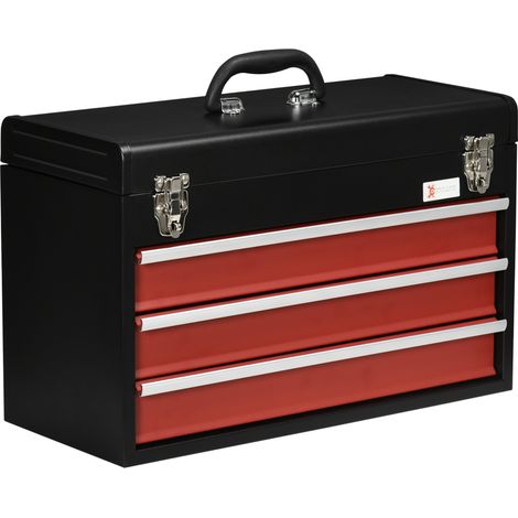 Caisse à outils en acier avec 3 tiroirs coulissants, poignée et serrure, 51x22x32 cm, noir et rouge (1/5)