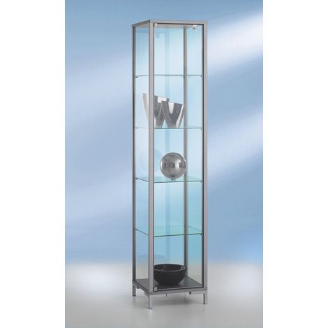 Vitrine colonne LINK 1860mm hauteur – 400mm largeur – 4 tablettes verre réglables – Porte battante avec serrure – Aluminium anodisé argent – Certeo