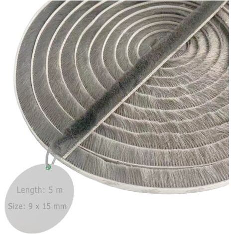 Joint Brosse Porte, 5 M(L) x 9 mm(B) x 15 mm(D), Gris, Joint Fenetrepour Lsolation Phonique Porte, Joint Brosse Adhesif, Joint Brosse Porte Coulissante, Joint Brosse Moustiquaire (1/5)