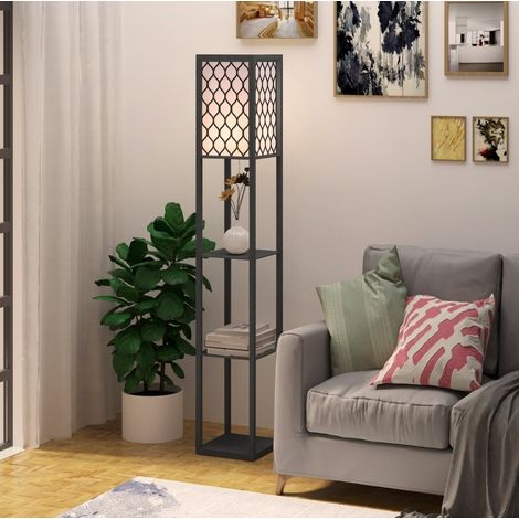Lámpara de pie con estantes E27 40W negro MDF 26x26x160 cm (1/5)