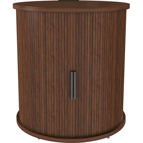 Mesita de noche cilíndrica de mediados de siglo con estación de carga (enchufe + 2 USB), puerta corredera y almacenamiento - Rodante para dormitorio, sala de estar - Acabado de nogal, medidas: B60/H60 (1/5)