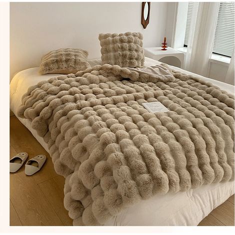 Couverture en fausse fourrure de lapin 160 x 200 cm – Douce et chaude – Idéale pour canapé – Luxe et élégance kaki