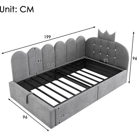 Banquette-lit capitonnée 90 x 190 cm, canapé-lit avec rangement (hydraulique), lit d'appoint d'angle en velours gris à motif de couronne, sans matelas (1/4)