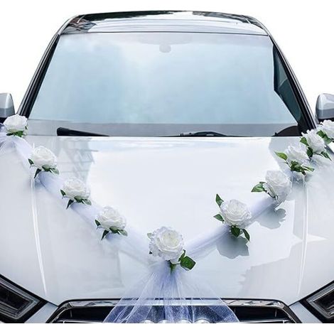 Décoration Voiture Mariage, Kit de décoration de Voiture de Mariage, Fleurs artificielles Blanches et Ruban Blanc pour Voiture de Mariage, décoration de Voiture de Mariage (1/4)