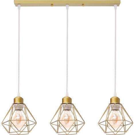 3 Lichter Industrielle Pendelleuchten aus Metall im Diamant Käfig Hängelampe E27 Rechteckig Basis für Küche Wohnzimmer Esszimmer Cafét (Gold)