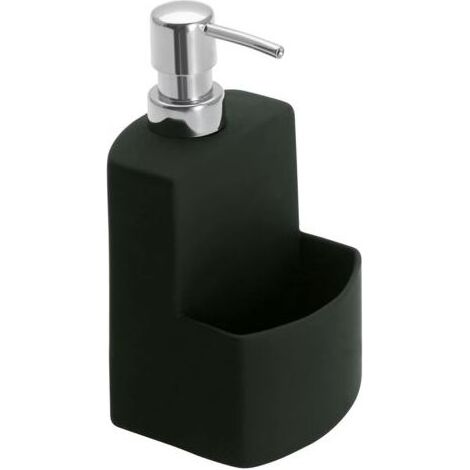 PA Distributeur de liquide vaisselle, distributeur de savon, céramique de haute qualité, surface douce, avec compartiment éponge, capacité 380 ml, 10 x 18 x 10 cm, noir (1/5)