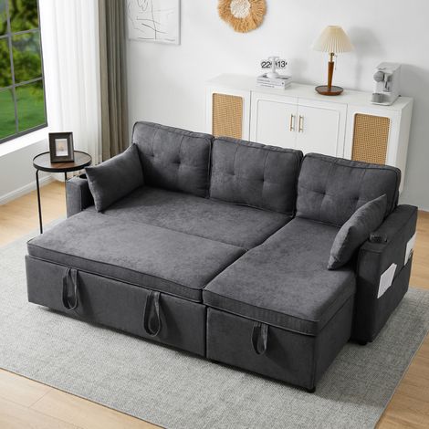 Sofá convertible con almacenamiento y portavasos gris OKMYHOME (1/5)