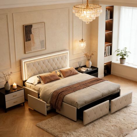Letto contenitore 160x200 cm con cassetti e LED, letto matrimoniale imbottito con rete a doghe, testiera morbida, tessuto beige moderno
