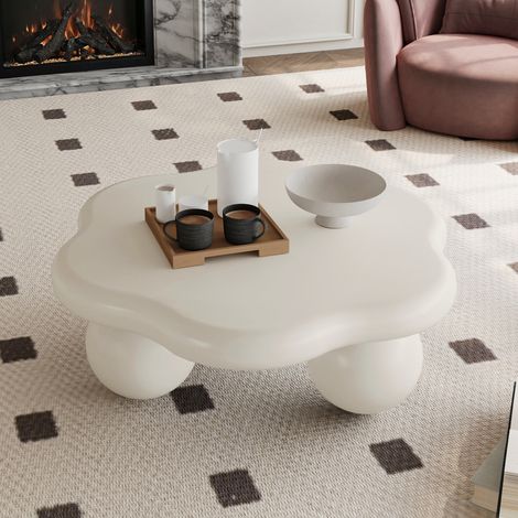 Mesa de centro de 80x35 cm con forma de nube, diseño moderno que ahorra espacio para sala de estar, MDF y plástico blanco crema. (1/5)