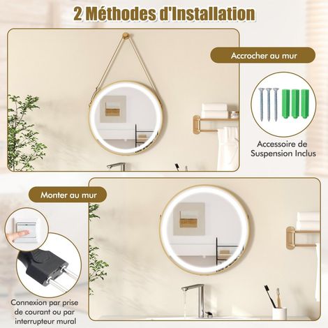 Miroir mural rond argenté 60 x 60 cm avec sangle et éclairage LED 3 couleurs, mémoire et antibuée, pour salle de bain (1/5)