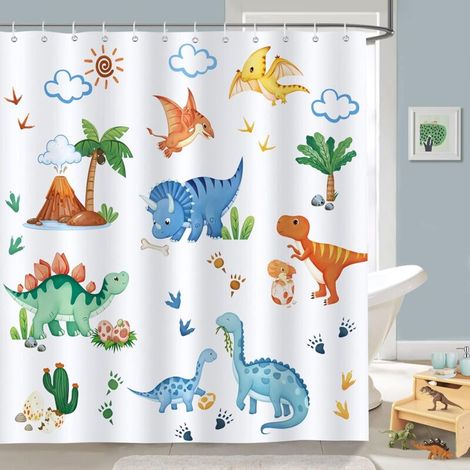 180 x 180 cm großer Duschvorhang mit Dinosaurier-Motiv, Kinderbadevorhang, Polyestergewebe, schimmelresistent, wasserdicht, waschbar (1/4)