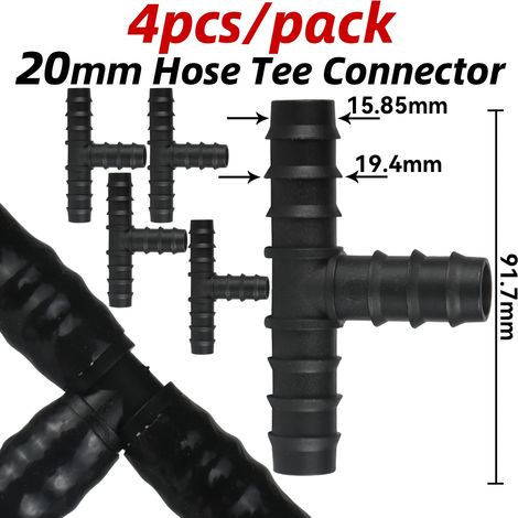 (Té 20 mm - 4 pièces) 4 raccords cannelés en T, coudes et bouchons pour tuyau d'arrosage goutte à goutte PE (16 mm, 20 mm et 25 mm) - Compatibles avec tuyaux d'arrosage de jardin (1/2" et 3/4"). (1/5)
