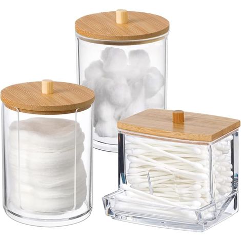 Cotton Rod Box 3 Pieces Makeup Remover Cotton Rod Box Transparent Acrylic Holders with Bamboo Lids Cosmetic Storage Box for Bathroom (1/5)