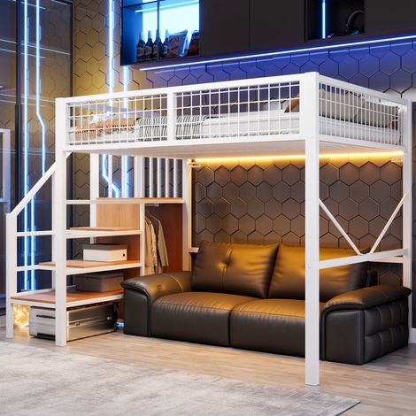 MODFU – Lit mezzanine 140x200 cm métal/bois – LED, échelle rangements et penderie – Charge 150 kg – Chambre – Blanc (1/5)
