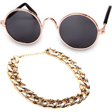 Lunettes de soleil rondes rétro classiques amusantes pour animaux de compagnie et collier à chaîne dorée pour chats et petits chiens (1/5)
