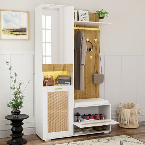 Vestiaire d'entrée - armoires avec miroir - 5 patères dorées - armoire à chaussures - portemanteau mural, banc et éclairage LED