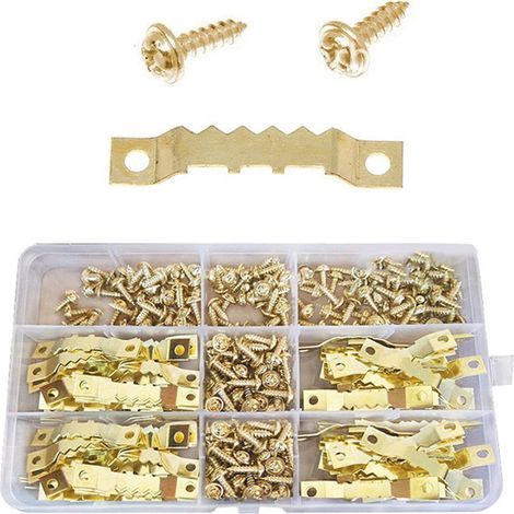 Paquete de 100 ganchos de pared, metal dorado macizo, doble orificio, muesca dentada, para marcos de fotos. (1/5)