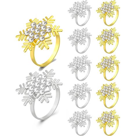 Lot de 12 ronds de serviette flocon de neige, métal strass transparent, décoration table Noël mariage fête (1/5)