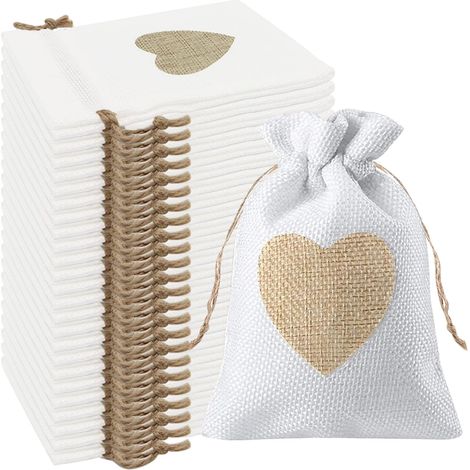 24 sacchetti di lino con coulisse e motivo a cuori (10 x 14 cm) – piccoli sacchetti di stoffa (bianchi) adatti per semi, dolci, regali, battesimi, compleanni e Natale. (1/5)