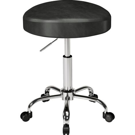 Taburete con ruedas ajustable en altura, asiento giratorio de cuero regenerado negro y base de acero, para salón de belleza, spa, oficina o dormitorio  CHICFURN (1/5)