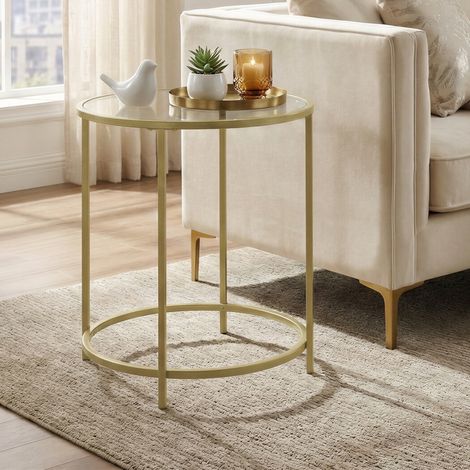 Table d’Appoint en Verre Trempé, Petite Table Basse Ronde avec Cadre en Acier, Chambre, Salon, Balcon, Or et Transparent (1/5)