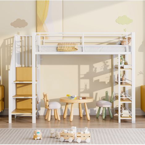 Cama alta juvenil con armario y estantes blanca OKMYHOME (1/5)