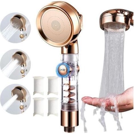 3-stufiger Turbo-Duschkopf, hoher Wasserdruck mit 4 Filtern, Wasserabsperrknopf, elegantes Golddesign für ein einzigartiges Duscherlebnis (1/5)