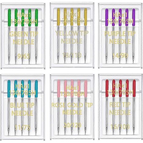 Aiguilles universelles pour machines à coudre, 6 tailles, pointe standard, tige plate, compatibles avec Singer, lot de 30. (1/5)