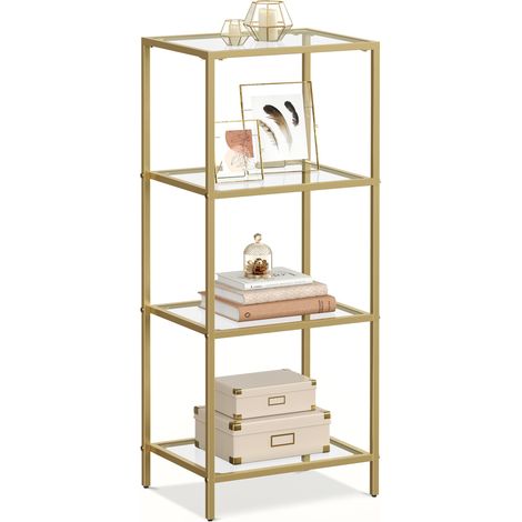 Étagère en Verre 4 Niveaux, Bibliothèque, Étagère de Rangement, Verre Trempé, Facile à Monter, pour Salle de Bain, Salon, Chambre, Bureau, Doré (1/5)