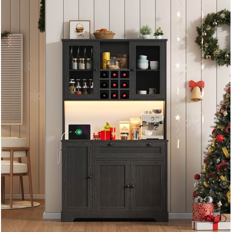 Buffetschrank 180x105x40 cm schwarz MDF mit LED-Beleuchtung, Steckdose, Glastüren und verstellbaren Einlegeböden (1/5)