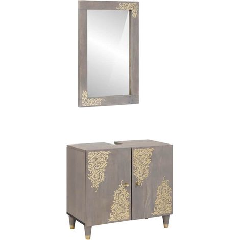 Badezimmerschrank-Set Wandmontiert 2 pcs Grau Massivholz Mango