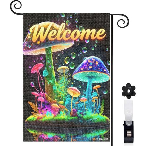 Drapeau de jardin décoratif 30 x 45 cm motif champignons multicolores style enchanté toile double face (1/5)