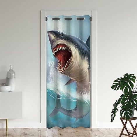 3D Grand Requin Blanc Rideau de Porte Requin De Dessin Animé Rideau Occultant Isolant Thermique Requin Rideaux occultants à œillets Océan De Dessin Animé Rideaux de Chambre 86x203 cm - 86 x 203 cm (Lx (1/5)