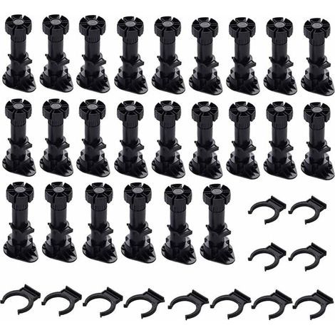 24 pieds d'armoire en plastique, pieds de meubles, (80 mm-100 mm) pieds de meubles réglables, pieds de meubles en plastique noir avec base de fixation à clip pour meubles de cuisine, armoire et canapé (1/5)