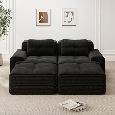 Divano modulare in corduroy nero, seduta profonda 74 cm, senza montaggio (1/5)