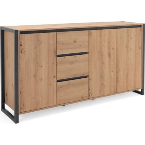 DENVER Buffet 3 portes 3 tiroirs - Décor chene artisan / Anthracite - L 160 x P 40 x H 88 cm (1/5)