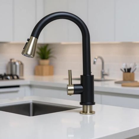 Cross-border 304 Stainless Steel Pull-out Kitchen Faucet, Brushed Gold, Hot and Cold Water Faucet, Lead-free Sink and Dishwasher Faucet - Black and Gold [One-button Stop and Pull-out Head]
