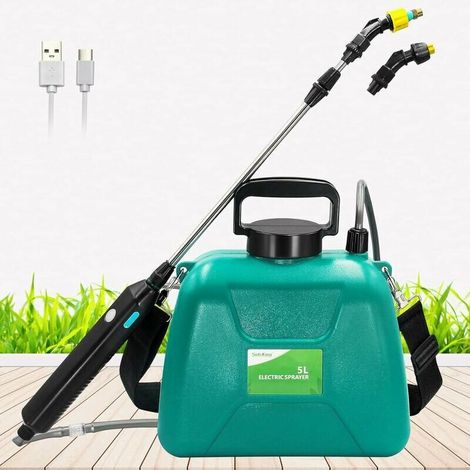 Rociador a batería GABRIELLE de 1.35 galones/5 litros, rociador eléctrico con mango de carga USB, rociador portátil para jardín con mango telescópico, 2 boquillas y correa de hombro ajustable.