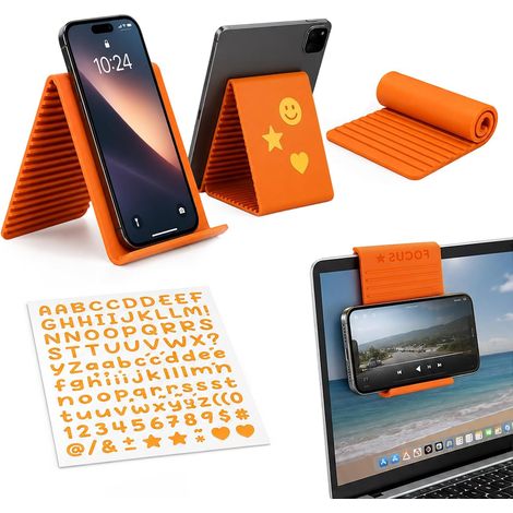 Support Téléphone Pliable en Silicone – Support Antidérapant pour Téléphone, Tablette et Ordinateur – Personnalisable avec Autocollant Orange (1/5)