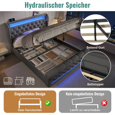 lit double 140x200cm, lit rembourré avec lampes LED, tête de rangement avec connexions USB et Type C, lit de rangement hydraulique, gris, velvet (sans matelas) (1/5)