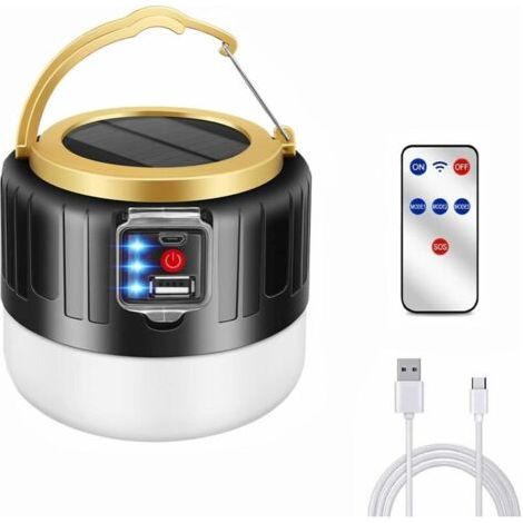 Lampe de Camping LED Rechargeable par USB, Lampe Solaire, 5200 mAh Batterie Externe, IPX6 Étanche, 5 Modes SOS, Portable, Super Lumineuse, pour Bivouac, Cave, Pêche(Noir) (1/5)