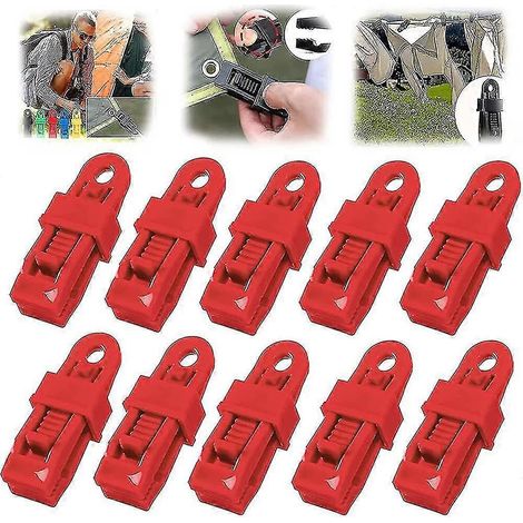 10 poignées de verrouillage robustes et réglables, adaptées aux bâches et aux parasols, clips de parasol en plastique, clips de bâche réutilisables, rouges. (1/4)