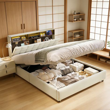 CJHXE Cama doble tapizada de 140 x 200 cm con iluminación LED y puertos USB y Type-C, cama hidráulica con compartimento de almacenamiento y cabecero, estructura de cama con cajones
