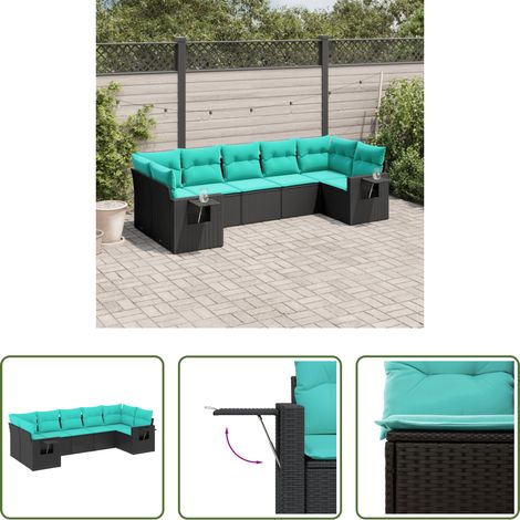 Gartenmöbel - 7-teiliges Gartensofa-Set mit Kissen, schwarzes Polyrattan (1/5)