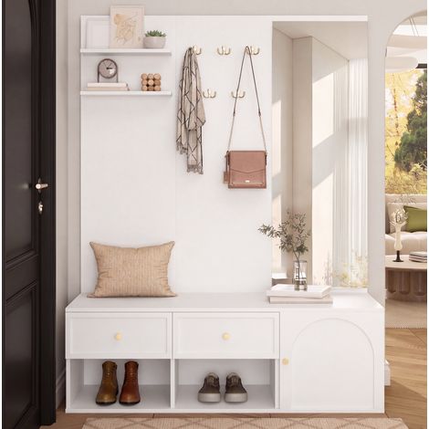 Wandgarderobe für den Eingangsbereich mit Spiegel, 5 Haken, 2 Schubladen, Weiß HAVRYA (1/5)