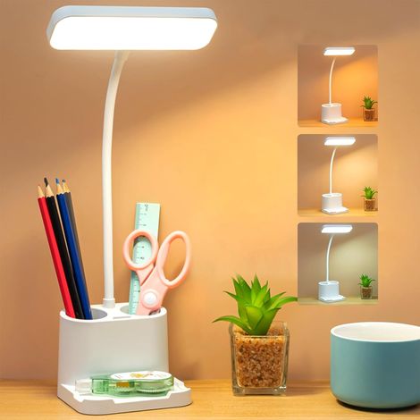 LED-Schreibtischlampe, per USB wiederaufladbare Kinder-Schreibtischlampe mit Stifthalter und Handyhalter, 3 Beleuchtungsmodi und 3 einstellbare Helligkeiten, flexibler Schwanenhals (1/5)
