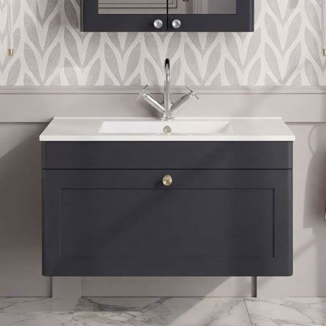 Nuie Classique Wall Hung 1-Drawer Vanity Unit with 1TH Minimalist Basin 800mm Wide - Satin Anthracite (1/5)