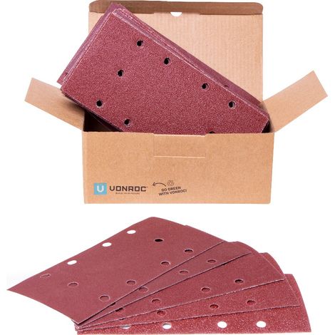 Vonroc – Lot de 50 feuilles abrasives 92x187mm – 5 grains pour ponçage bois, métal, plastique – Perforées pour aspiration poussière