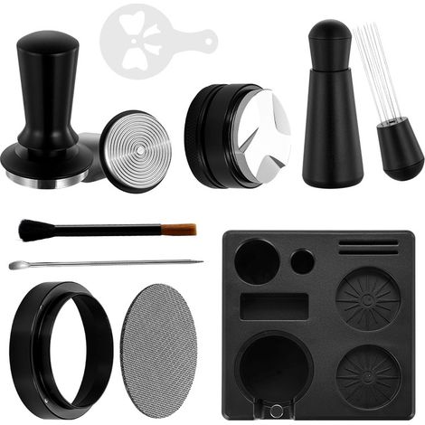Kit de 9 Accessoires à Espresso, Outils de Tasseur à Espresso de 51 mm avec Outil WDT, Station de Tassage à Espresso, Distributeur, Agitateur, Entonnoir de Dosage, Écran de Culot, Brosse et Stylo pour (1/5)