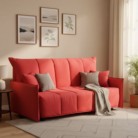 Dmora - Schlafsofa Dabali, 2-Sitzer-Sofa, 100% Made in Italy, Wohnzimmersofa mit Trolley-Öffnung, aus gepolstertem Stoff, mit Standard-Armlehnen, Cm 150x90h85, Rot (1/4)